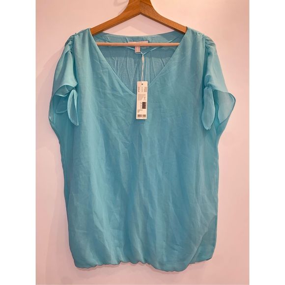 Esprit NWT Italian Bright Blue Flutter Tye Sleeve Blouse, Size 6 - Picture 12 of 14